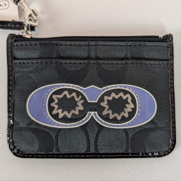 NWT Coach POPPY Black Blue Card Holder Coin Pouch With Keychain - Picture 1 of 7